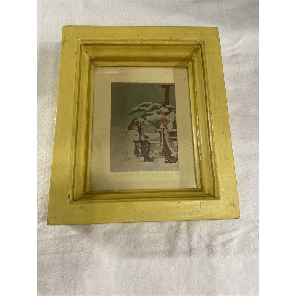 Yellow Wood Block Picture Frame With Japanese Lithograph.
